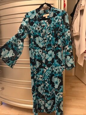 Michael Kors Floral Midi Dress in Teal and Black with belt